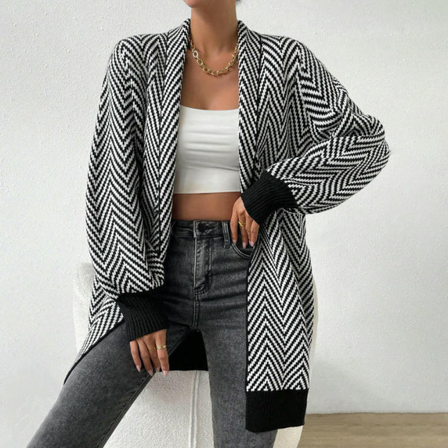 Women's Striped Cardigan Long Sleeve Open Front Knit Oversized Sweater