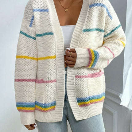 Womens Cardigan Long Sleeve Open Front Striped Loose Knit Sweater with Pockets