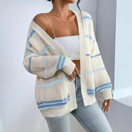 Womens Cardigan Long Sleeve Open Front Striped Loose Knit Sweater with Pockets