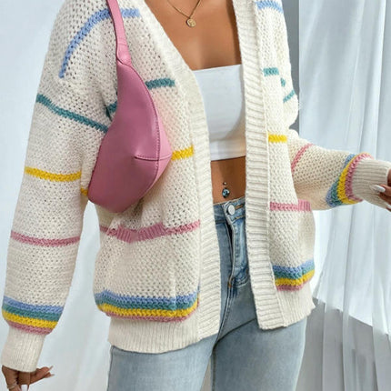 Womens Cardigan Long Sleeve Open Front Striped Loose Knit Sweater with Pockets