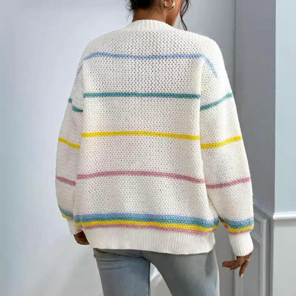 Womens Cardigan Long Sleeve Open Front Striped Loose Knit Sweater with Pockets