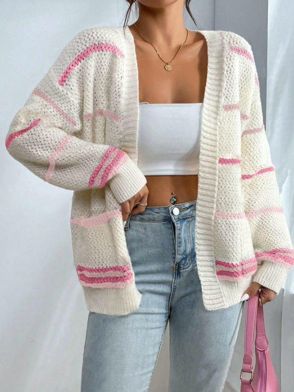Womens Cardigan Long Sleeve Open Front Striped Loose Knit Sweater with Pockets