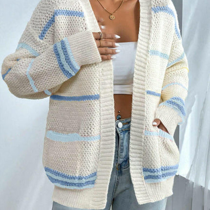 Womens Cardigan Long Sleeve Open Front Striped Loose Knit Sweater with Pockets