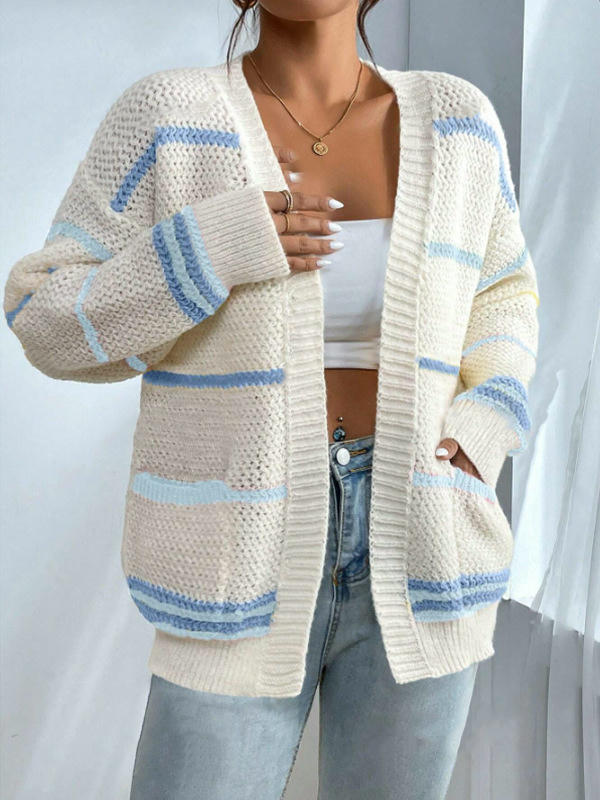 Womens Cardigan Long Sleeve Open Front Striped Loose Knit Sweater with Pockets