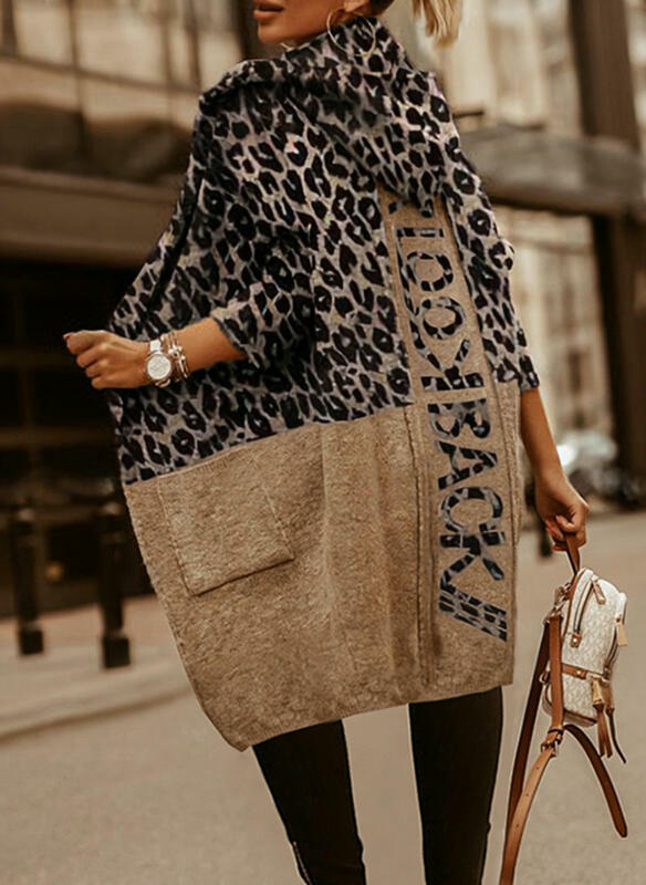 Women Leopard Print Long Sleeve Hooded Cardigan Loose Knit Open Front Sweater