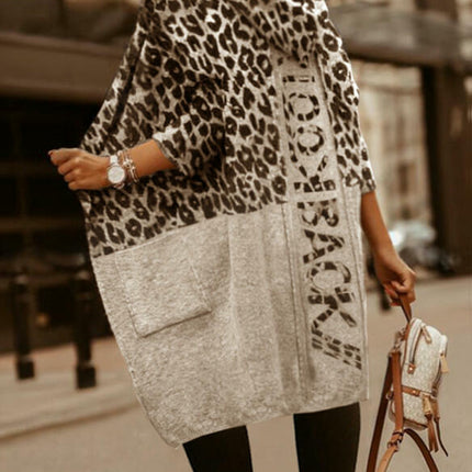 Women Leopard Print Long Sleeve Hooded Cardigan Loose Knit Open Front Sweater