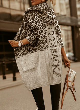 Women Leopard Print Long Sleeve Hooded Cardigan Loose Knit Open Front Sweater