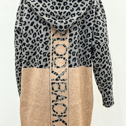 Women Leopard Print Long Sleeve Hooded Cardigan Loose Knit Open Front Sweater