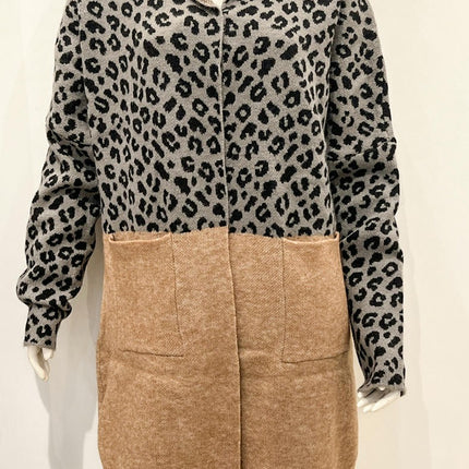 Women Leopard Print Long Sleeve Hooded Cardigan Loose Knit Open Front Sweater
