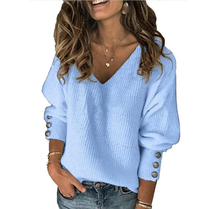Women Sexy V Neck Long Sleeve Knit Sweater Loose Jumper Pullover Tops