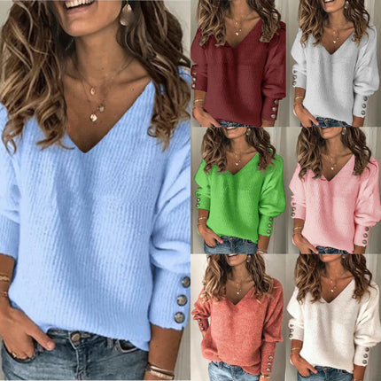 Women Sexy V Neck Long Sleeve Knit Sweater Loose Jumper Pullover Tops