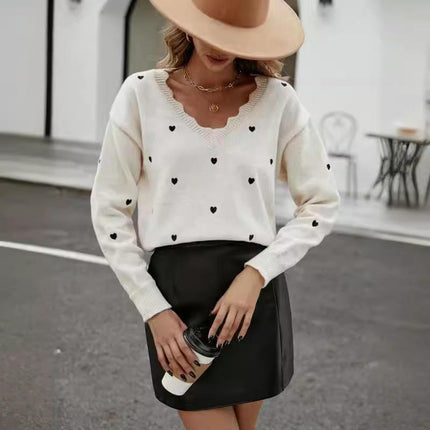 Womens Heart Print V Neck Knitted Long Sleeve Sweaters Pullover Casual Top