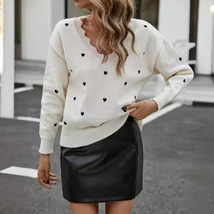 Womens Heart Print V Neck Knitted Long Sleeve Sweaters Pullover Casual Top