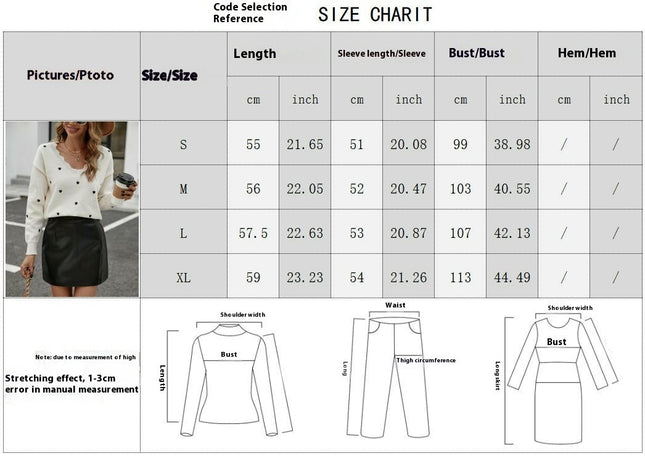 Womens Heart Print V Neck Knitted Long Sleeve Sweaters Pullover Casual Top