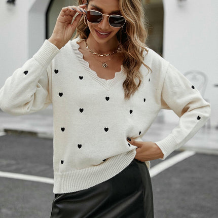 Womens Heart Print V Neck Knitted Long Sleeve Sweaters Pullover Casual Top