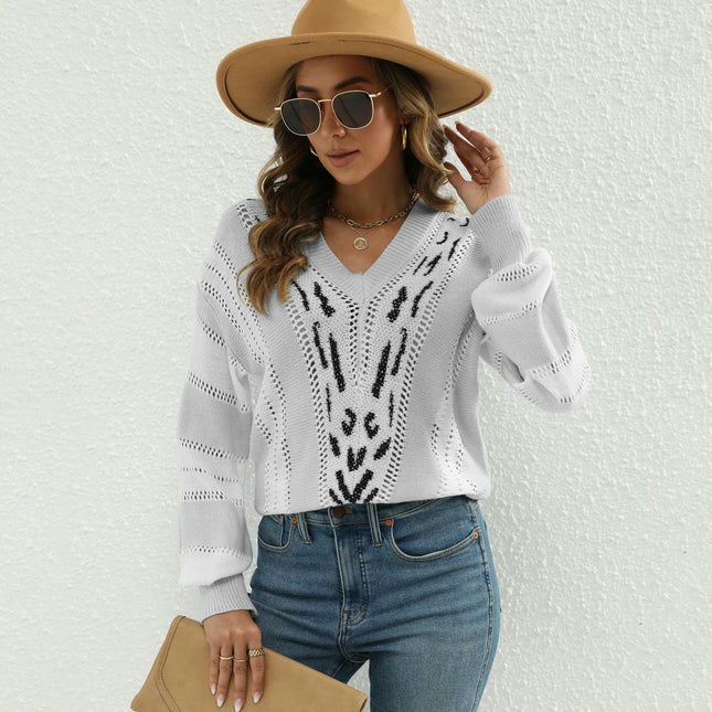 Womens Color Block V Neck Long Sleeve Hollow Knit Pullover Sweaters
