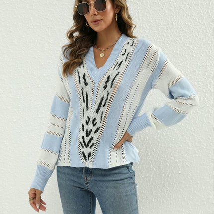 Womens Color Block V Neck Long Sleeve Hollow Knit Pullover Sweaters