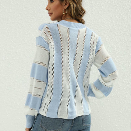 Womens Color Block V Neck Long Sleeve Hollow Knit Pullover Sweaters