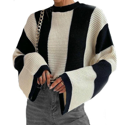Women Striped Crew Neck Long Sleeve Cable Knit Jumper Sweater