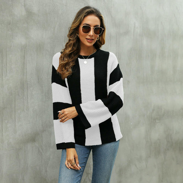 Women Striped Crew Neck Long Sleeve Cable Knit Jumper Sweater
