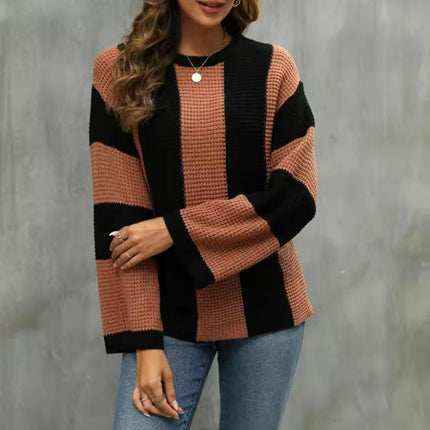 Women Striped Crew Neck Long Sleeve Cable Knit Jumper Sweater