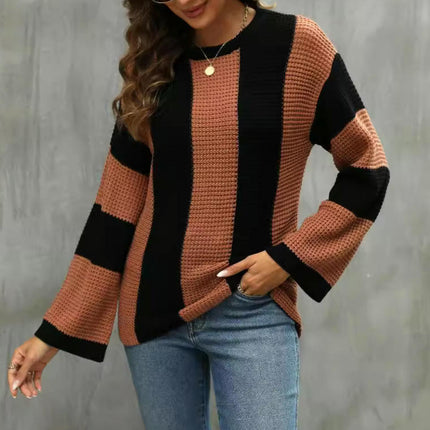 Women Striped Crew Neck Long Sleeve Cable Knit Jumper Sweater