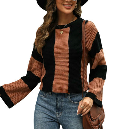 Women Striped Crew Neck Long Sleeve Cable Knit Jumper Sweater