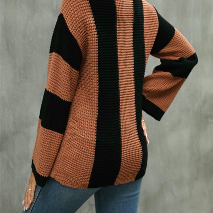 Women Striped Crew Neck Long Sleeve Cable Knit Jumper Sweater
