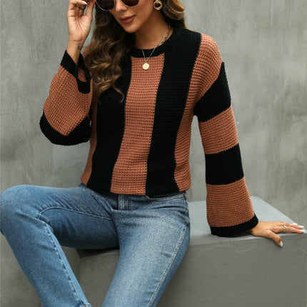 Women Striped Crew Neck Long Sleeve Cable Knit Jumper Sweater