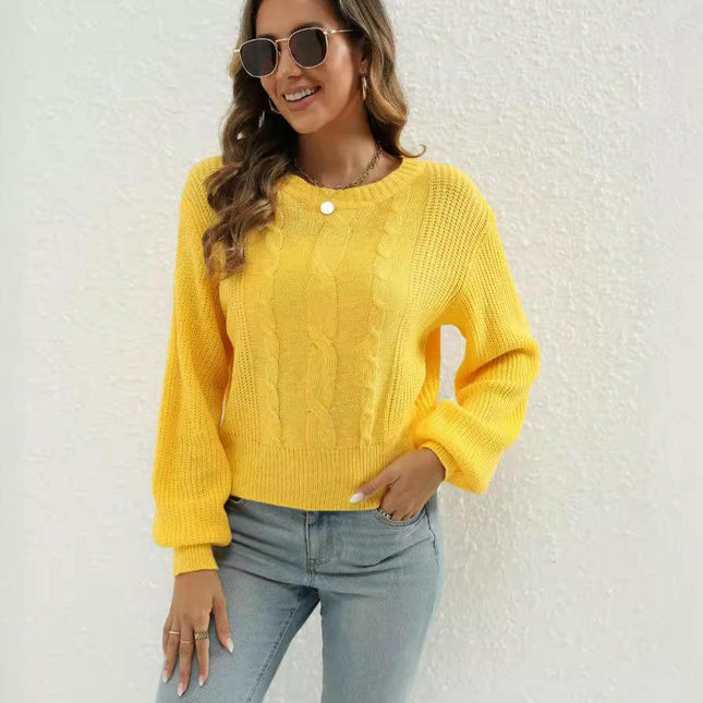 Women's Casual Long Sleeve Crewneck Cable Knit Cropped Pullover Sweater