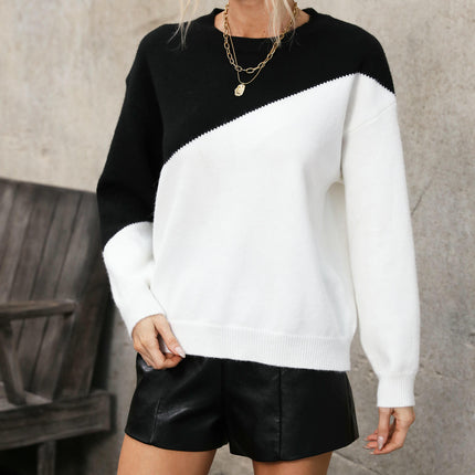 Womens Color Block Sweaters Long Sleeve Crewneck Pullover Knit Tops