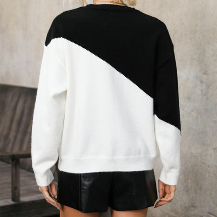 Womens Color Block Sweaters Long Sleeve Crewneck Pullover Knit Tops