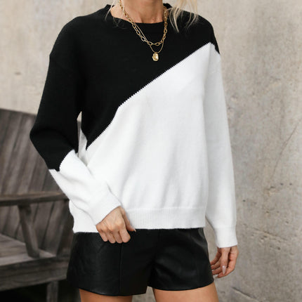 Womens Color Block Sweaters Long Sleeve Crewneck Pullover Knit Tops
