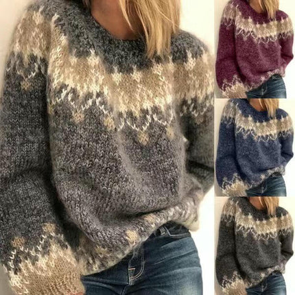 Women's Crewneck Fair Isle Knit Sweater Vintage Print Pullover Top