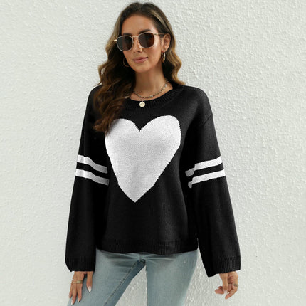 Women's Long Sleeve Crew Neck Knitted Heart Print Casual Pullover Sweaters