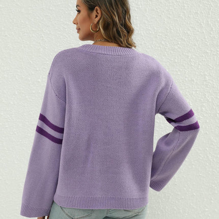 Women's Long Sleeve Crew Neck Knitted Heart Print Casual Pullover Sweaters