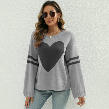 Women's Long Sleeve Crew Neck Knitted Heart Print Casual Pullover Sweaters