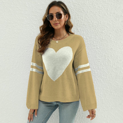 Women's Long Sleeve Crew Neck Knitted Heart Print Casual Pullover Sweaters