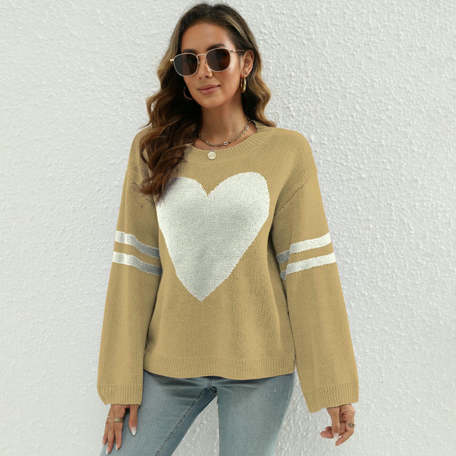 Women's Long Sleeve Crew Neck Knitted Heart Print Casual Pullover Sweaters