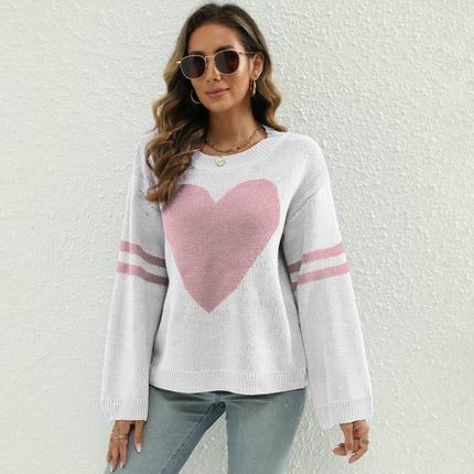 Women's Long Sleeve Crew Neck Knitted Heart Print Casual Pullover Sweaters
