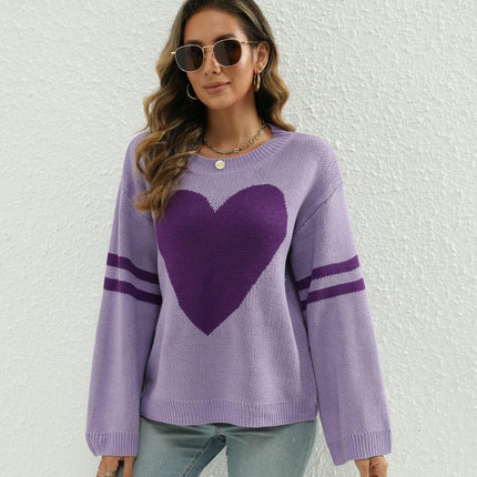 Women's Long Sleeve Crew Neck Knitted Heart Print Casual Pullover Sweaters