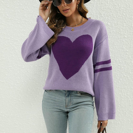 Women's Long Sleeve Crew Neck Knitted Heart Print Casual Pullover Sweaters