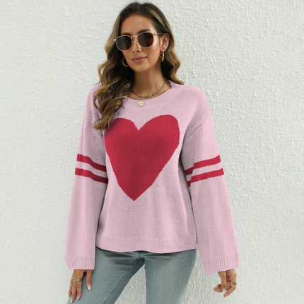 Women's Long Sleeve Crew Neck Knitted Heart Print Casual Pullover Sweaters