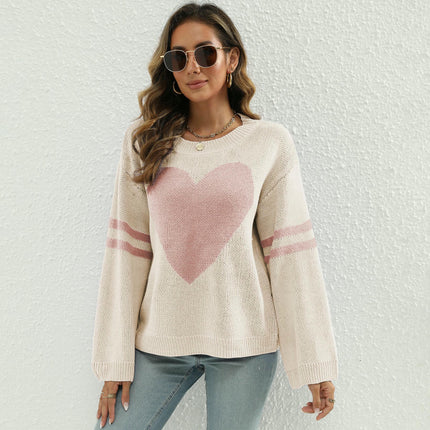 Women's Long Sleeve Crew Neck Knitted Heart Print Casual Pullover Sweaters