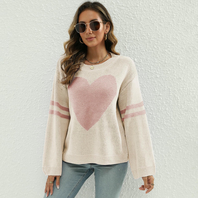 Women's Long Sleeve Crew Neck Knitted Heart Print Casual Pullover Sweaters