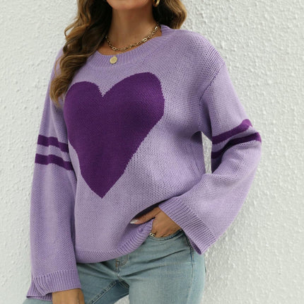 Women's Long Sleeve Crew Neck Knitted Heart Print Casual Pullover Sweaters