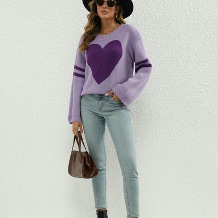 Women's Long Sleeve Crew Neck Knitted Heart Print Casual Pullover Sweaters