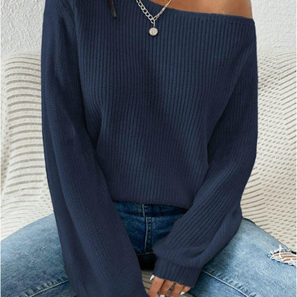 Womens Off The Shoulder Boat Neck Fall Knit Long Sleeve Pullover Sweaters