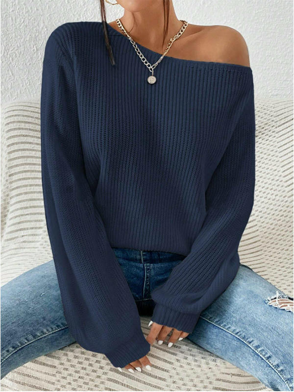 Womens Off The Shoulder Boat Neck Fall Knit Long Sleeve Pullover Sweaters