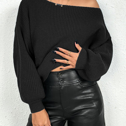 Womens Off The Shoulder Boat Neck Fall Knit Long Sleeve Pullover Sweaters